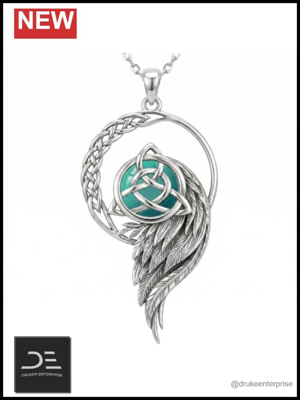 Celtic Turquoise Necklace 925 Sterling Silver Feather Pendant
